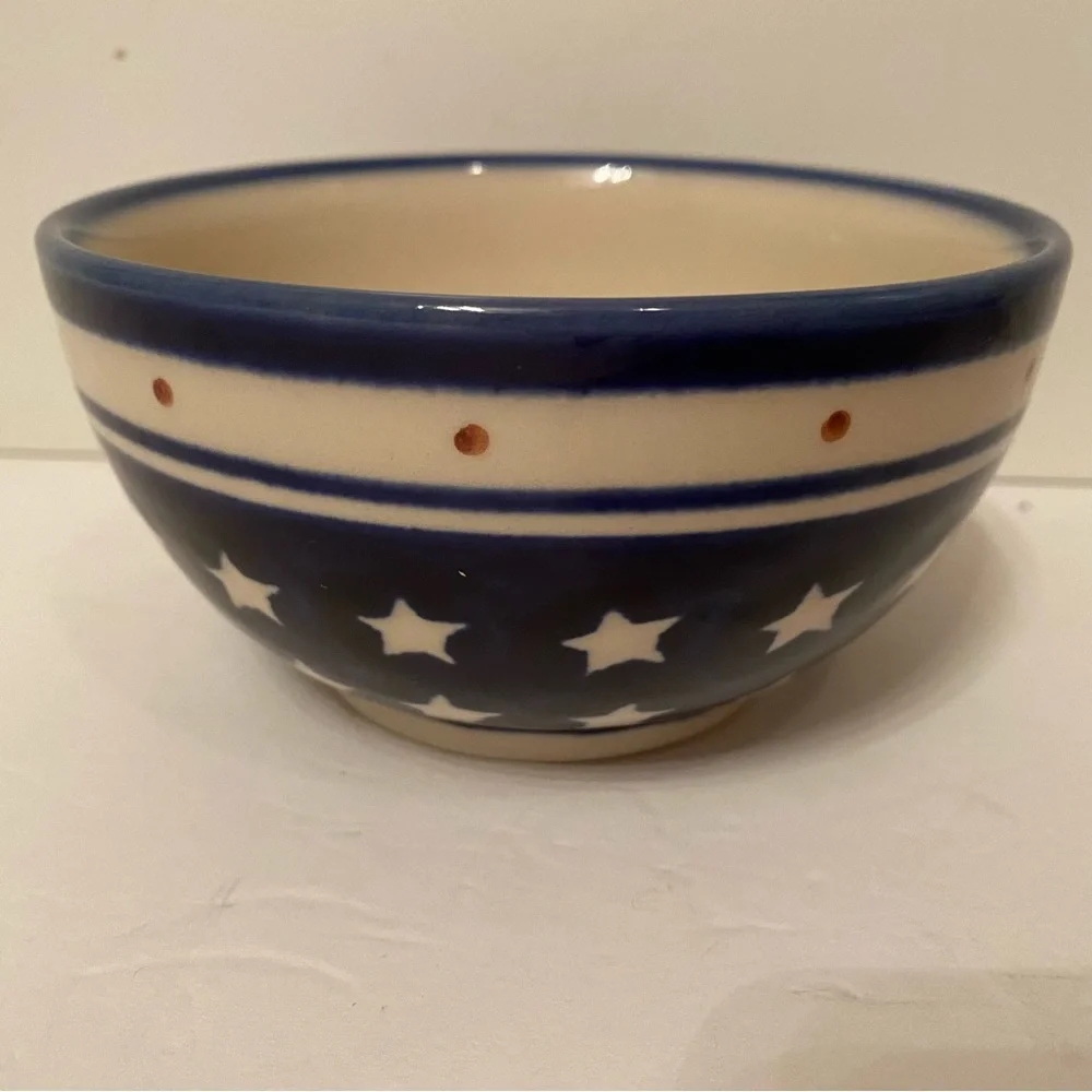 POLISH POTTERY BOWL BLUE WHITE STARS HANDMADE HOME DINING CEREAL FRUIT DINNER